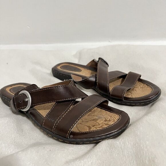 BOC Born O Concept Women's Slip On Sandals Size 7  Brown Strappy Comfort Leather - Picture 1 of 8
